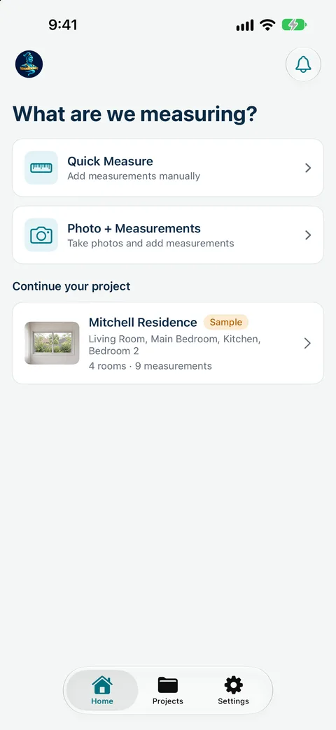 Measure Genie Home screen asking What are we measuring? with the Mitchell Residence sample project