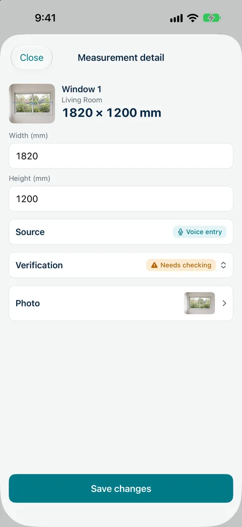Measure Genie measurement detail for Window 1 with width, height, source, verification and photo