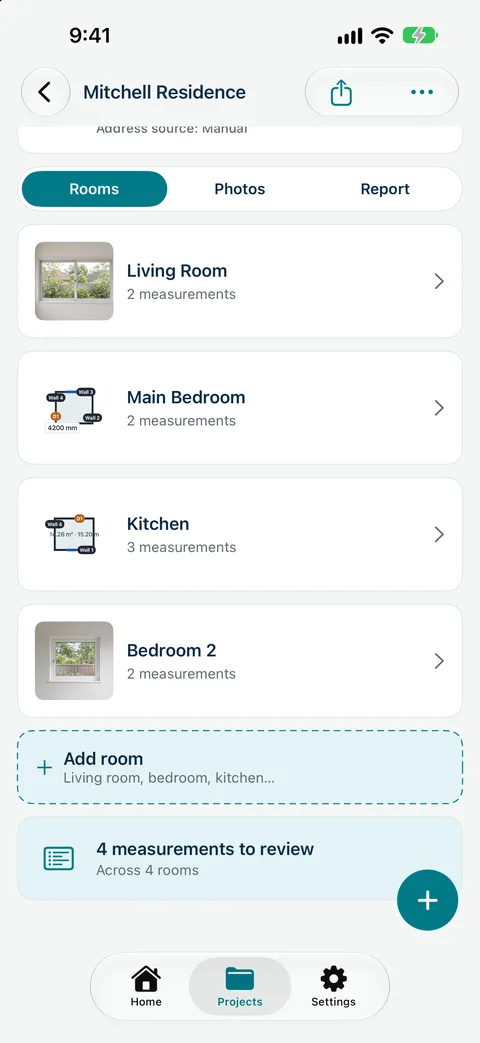 Measure Genie project overview for the Mitchell Residence sample with Living Room, Main Bedroom, Kitchen and Bedroom 2
