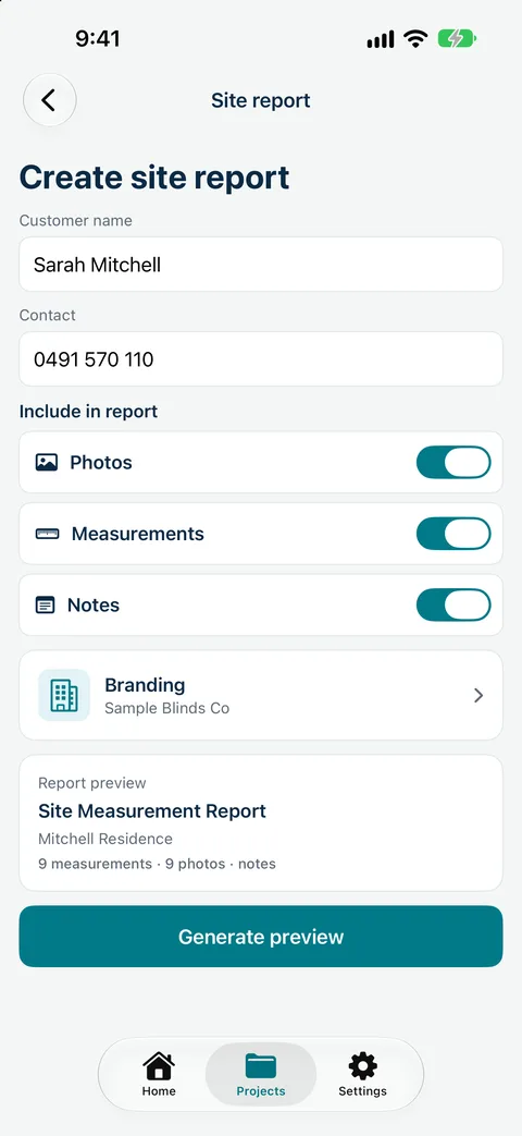 Measure Genie Create site report screen with customer details, include toggles and branding