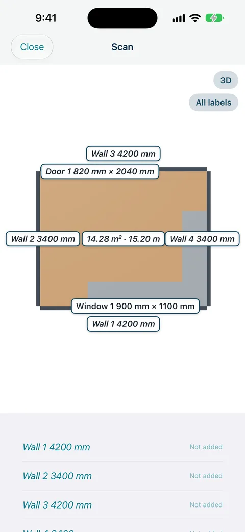 Measure Genie LiDAR room scan floor plan of a kitchen with wall lengths and 14.28 m² floor area