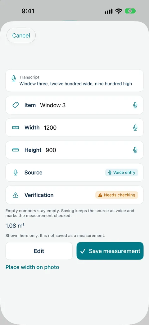 Measure Genie voice confirm card with item, width and height filled from a spoken size