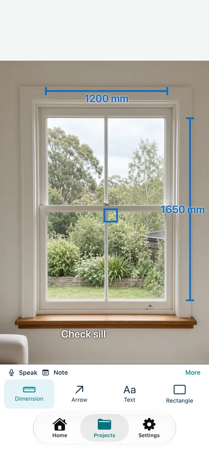 Site photo marked up with measurements in Measure Genie