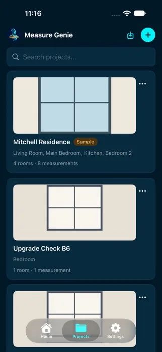 Measure Genie projects list in dark mode