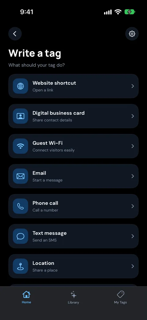 NFC Ninja Write a tag screen asking What should your tag do?, app design preview
