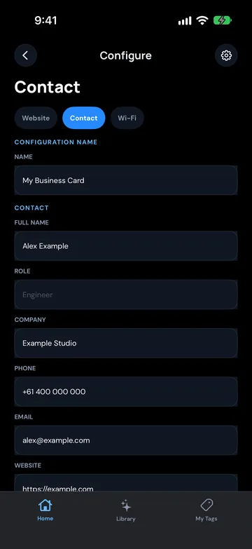 NFC Ninja business card details form, app design preview