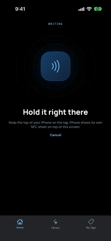 NFC Ninja Hold it right there screen while writing a tag, app design preview
