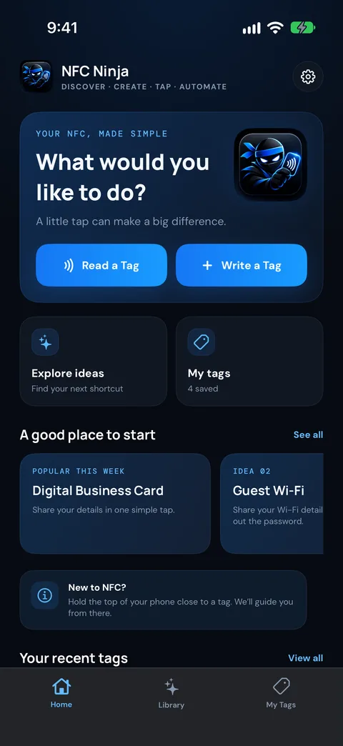 NFC Ninja app design preview: the Home screen, where you start with Write a Tag