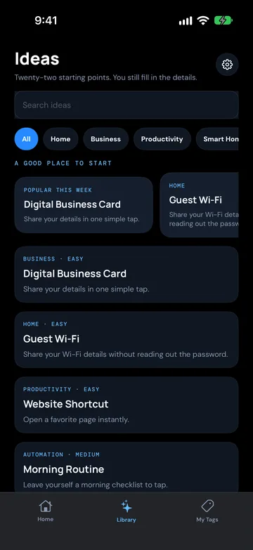 NFC Ninja Library tab showing tag ideas such as Digital Business Card, Guest Wi-Fi and Website Shortcut, app design preview