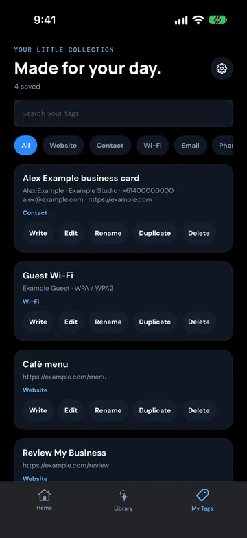Saved tag setups in the NFC Ninja My Tags tab, app design preview