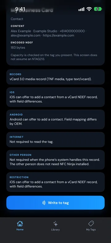 NFC Ninja Preview screen with the Write to tag button, app design preview