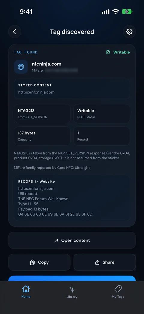 NFC Ninja beta on iPhone reading a real NFC tag that holds a website link, with options to open, copy or share it