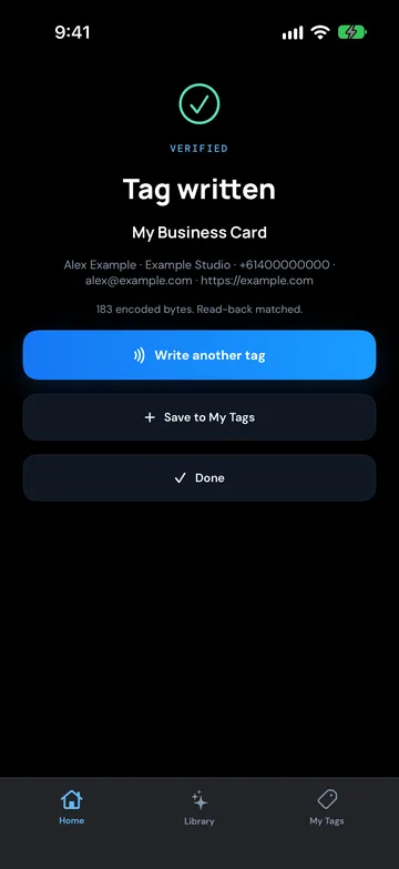 NFC Ninja Tag written screen marked VERIFIED, app design preview