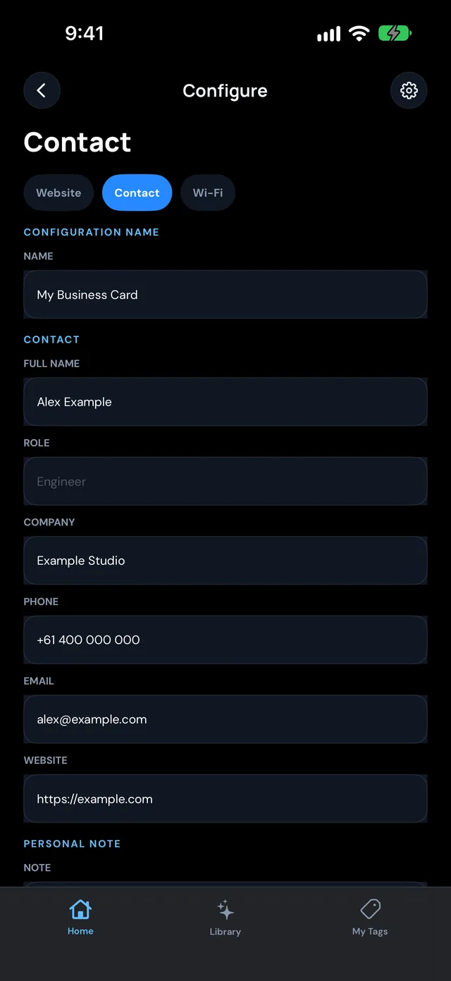 NFC Ninja business card form on iPhone with name, phone and email fields