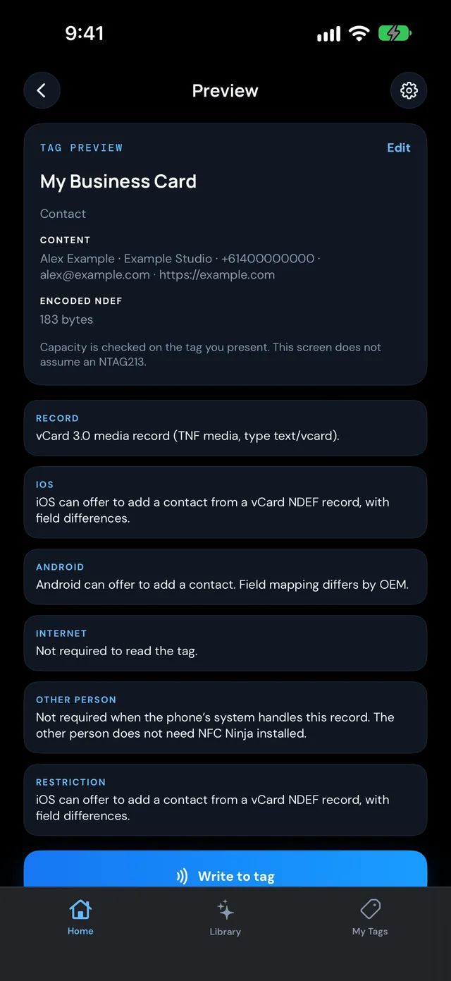 NFC Ninja preview screen showing the contact card and its size before writing