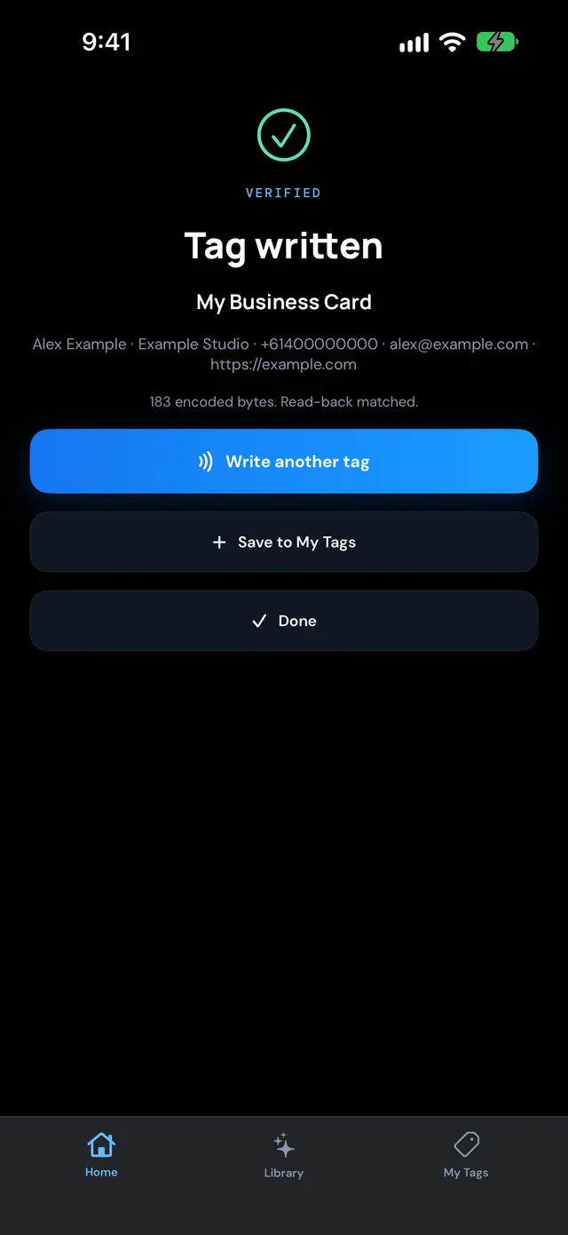 NFC Ninja confirming the tag was written and checked