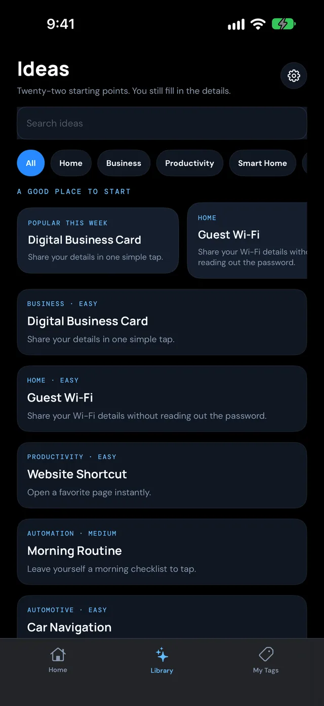NFC Ninja Ideas Library on iPhone showing tag ideas with category chips