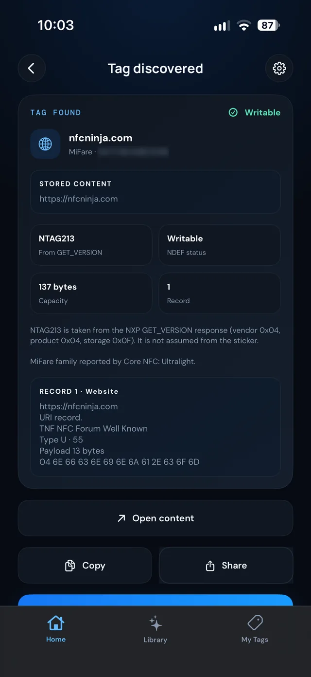 NFC Ninja on iPhone showing the details read from an NTAG213 tag