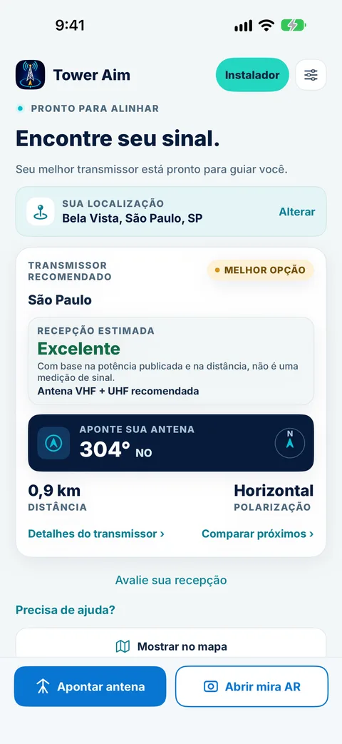 Tela inicial do Tower Aim em Bela Vista, São Paulo, recomendando a torre de São Paulo com recepção estimada Excelente, rumo de 304° NO, a 0,9 km e polarização horizontal