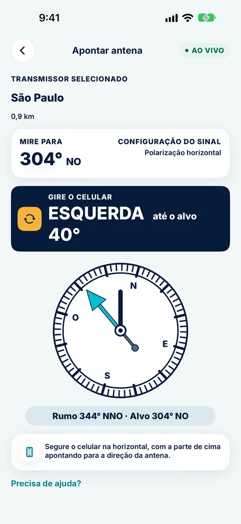 Bússola Apontar antena do Tower Aim para a torre de São Paulo, pedindo para girar o celular 40° à esquerda até o alvo de 304° NO, com polarização horizontal