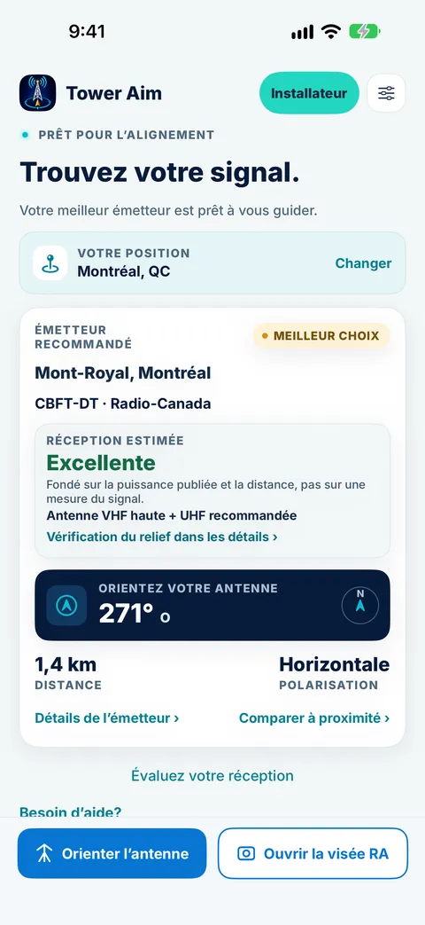Écran d'accueil de Tower Aim pour Montréal, au Québec : l'émetteur recommandé est celui du mont Royal, à Montréal (CBFT-DT, Radio-Canada), réception estimée excellente, antenne VHF haute et UHF recommandée, orientez votre antenne à 271° O, à 1,4 km, polarisation horizontale