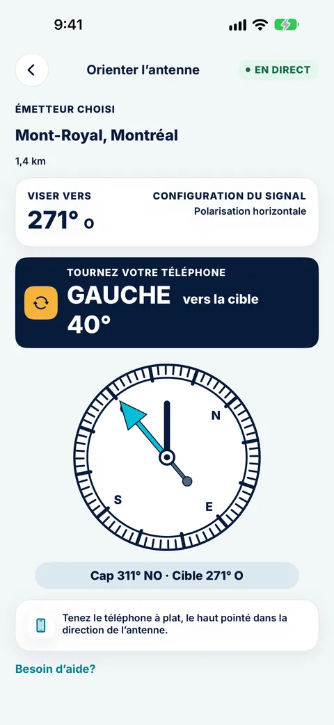 Écran Orienter l'antenne de Tower Aim pour l'émetteur du mont Royal, à Montréal, à 1,4 km : viser vers 271° O, polarisation horizontale, et une boussole qui indique de tourner le téléphone de 40° vers la gauche pour atteindre la cible, cap 311° NO
