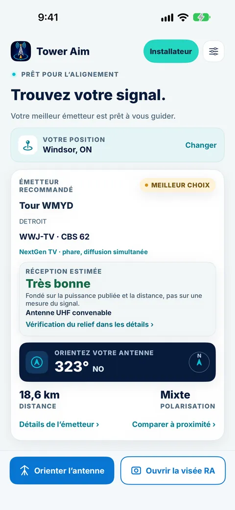 Écran d'accueil de Tower Aim pour Windsor, en Ontario : l'émetteur recommandé est la tour WMYD, à Detroit (WWJ-TV, CBS 62, NextGen TV), réception estimée très bonne, antenne UHF convenable, orientez votre antenne à 323° NO, à 18,6 km, polarisation mixte