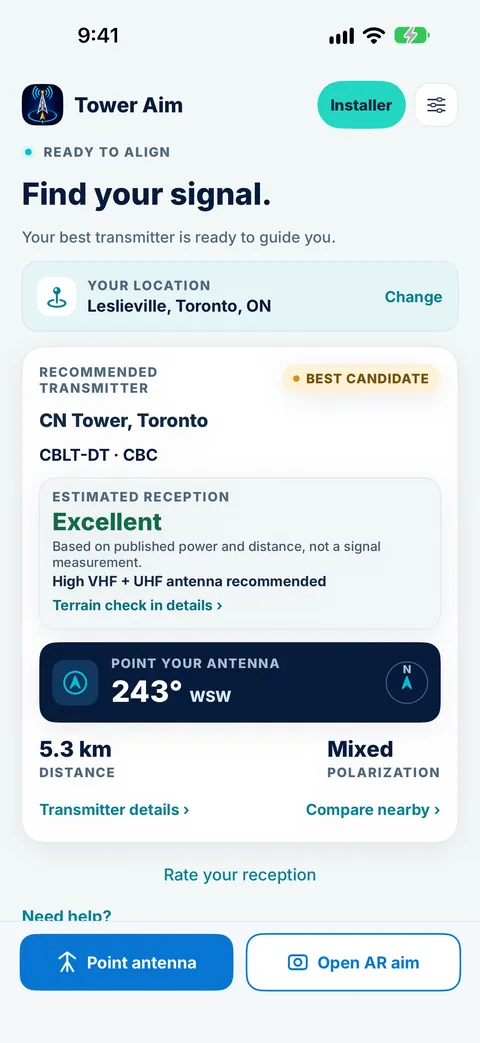 Tower Aim home screen for Leslieville, Toronto: the recommended transmitter is the CN Tower (CBLT-DT, CBC), estimated reception Excellent, high VHF and UHF antenna recommended, point your antenna 243° WSW, 5.3 km away, mixed polarization