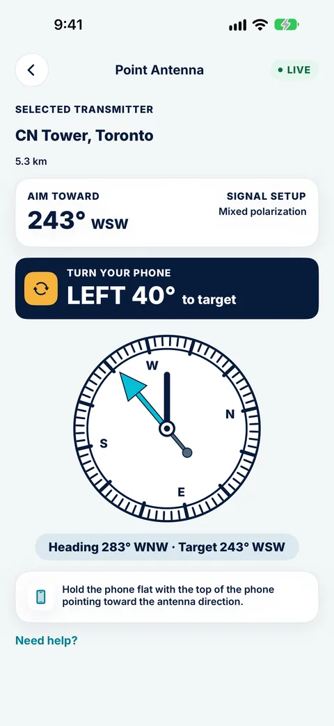 Tower Aim Point Antenna screen for the CN Tower, Toronto: aim toward 243° WSW with mixed polarization, and a compass telling you to turn your phone left 40° to target, heading 283° WNW