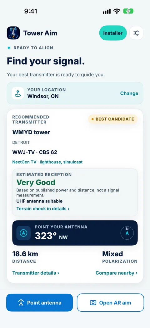 Tower Aim home screen for Windsor, Ontario: the recommended transmitter is the WMYD tower in Detroit (WWJ-TV, CBS 62, NextGen TV), estimated reception Very Good, UHF antenna suitable, point your antenna 323° NW, 18.6 km away, mixed polarization
