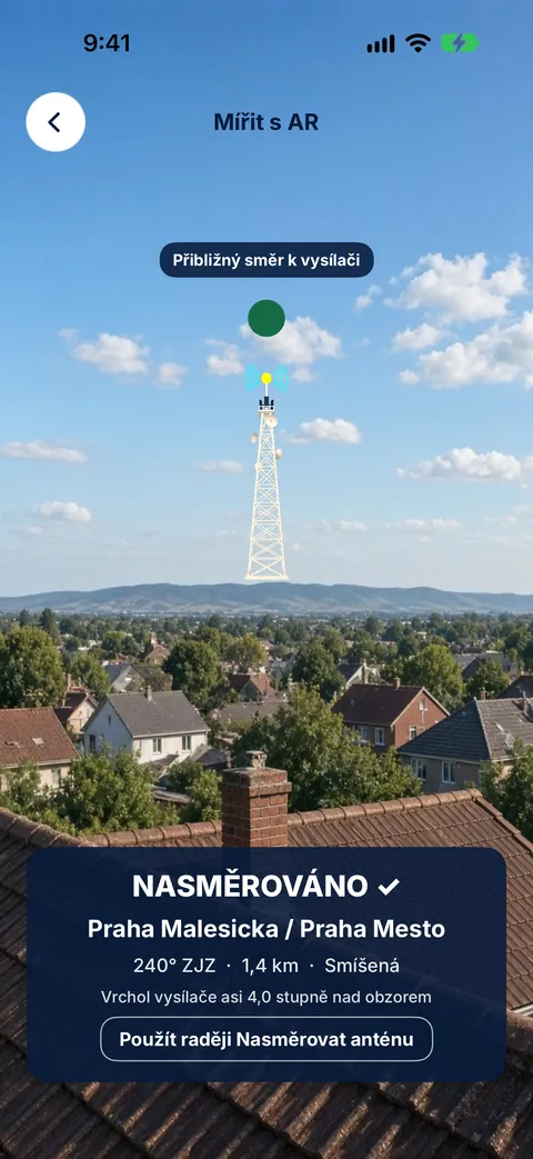Míření v AR v Tower Aim, nasměrováno na vysílač Praha Malesicka na 240° ZJZ, 1,4 km, smíšená polarizace