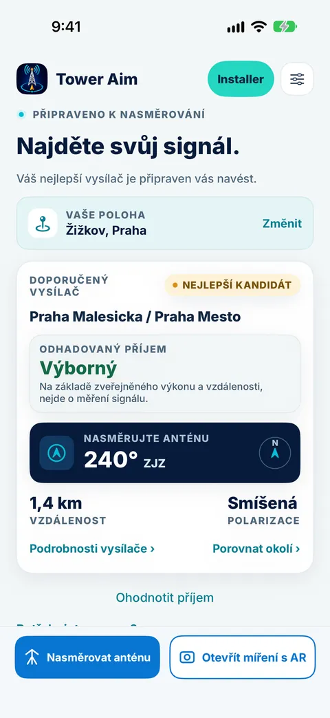 Úvodní obrazovka Tower Aim pro pražský Žižkov doporučuje vysílač Praha Malesicka s výborným odhadovaným příjmem, směrem antény 240° ZJZ, ve vzdálenosti 1,4 km a se smíšenou polarizací