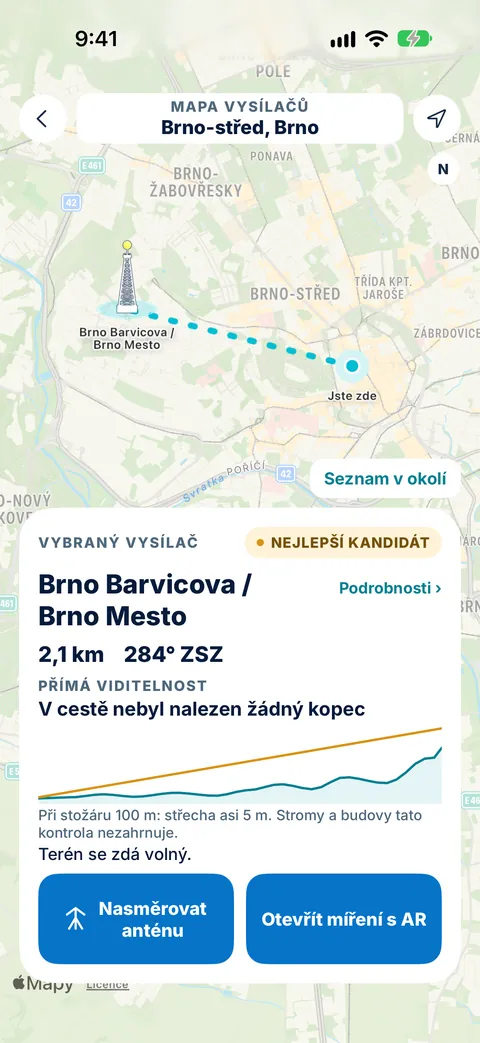 Mapa vysílačů Tower Aim pro centrum Brna s vybraným vysílačem Brno Barvicova jako nejlepším kandidátem ve vzdálenosti 2,1 km a směru 284° ZSZ, bez kopce v cestě na přímé viditelnosti