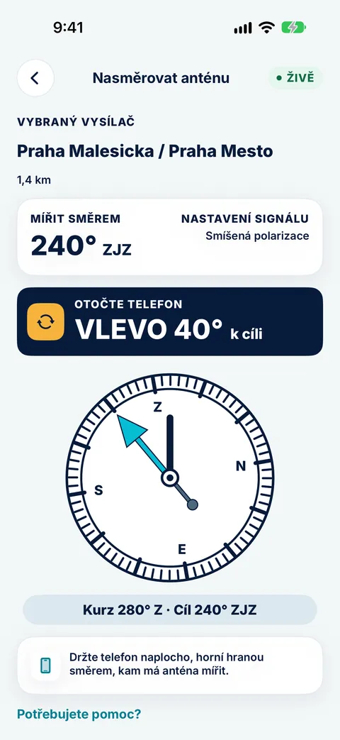 Kompas Nasměrovat anténu v Tower Aim pro vysílač Praha Malesicka radí otočit telefon o 40° vlevo k cíli 240° ZJZ, se smíšenou polarizací