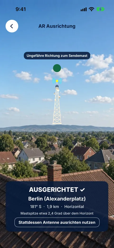 AR Ausrichtung in Tower Aim, ausgerichtet auf den Sender Berlin Alexanderplatz bei 181° S, 1,9 km entfernt, horizontale Polarisation