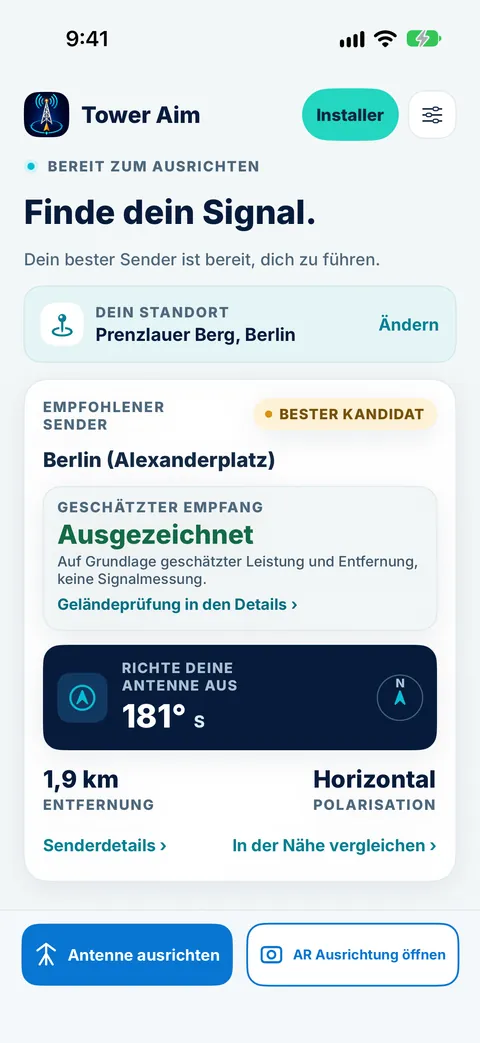 Startbildschirm von Tower Aim für Berlin Prenzlauer Berg, empfiehlt den Sender Berlin Alexanderplatz mit ausgezeichnetem geschätztem Empfang, Antennenrichtung 181° S, 1,9 km entfernt und horizontaler Polarisation