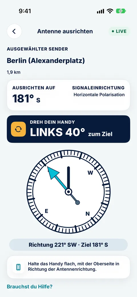 Kompass Antenne ausrichten in Tower Aim für den Sender Berlin Alexanderplatz, mit dem Hinweis, das Telefon um 40° nach links zu drehen, um das Ziel 181° S zu erreichen, horizontale Polarisation