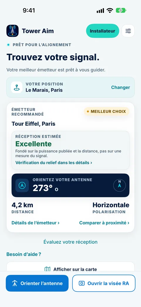 Écran d’accueil de Tower Aim pour le Marais, à Paris, recommandant l’émetteur Tour Eiffel avec une réception estimée excellente, une direction d’antenne de 273° O, à 4,2 km et en polarisation horizontale