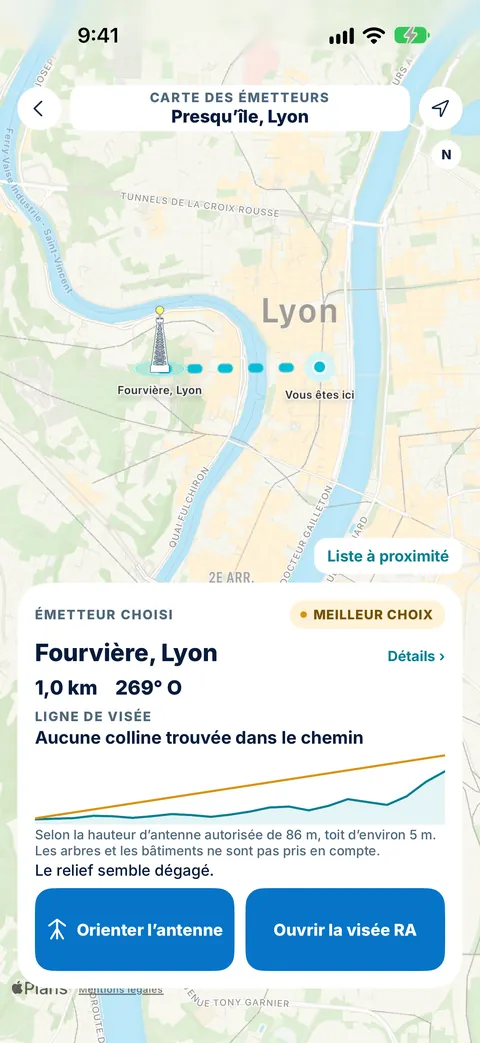 Carte des émetteurs de Tower Aim pour la Presqu’île, à Lyon, avec l’émetteur de Fourvière choisi comme meilleur choix à 1,0 km, à 269° O, sans colline sur la ligne de visée