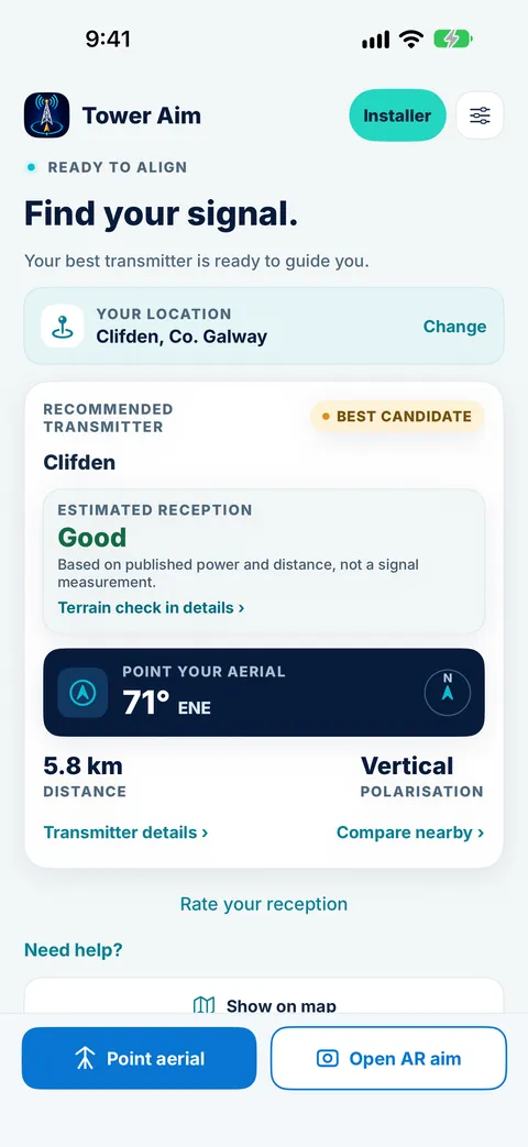 Tower Aim home screen for Clifden, County Galway, with the Clifden relay as best candidate, Good estimated reception, an aerial bearing of 71° ENE, 5.8 km away and vertical polarisation