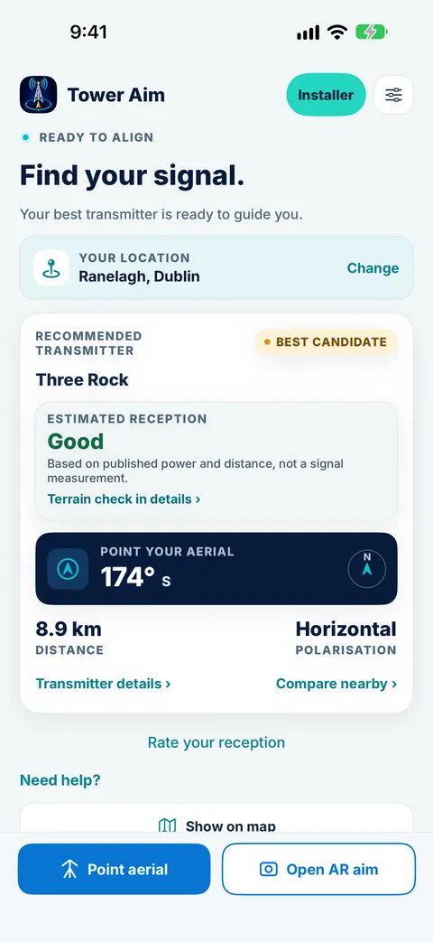 Tower Aim home screen for Ranelagh, Dublin, recommending the Three Rock transmitter with Good estimated reception, an aerial bearing of 174° S, 8.9 km away and horizontal polarisation