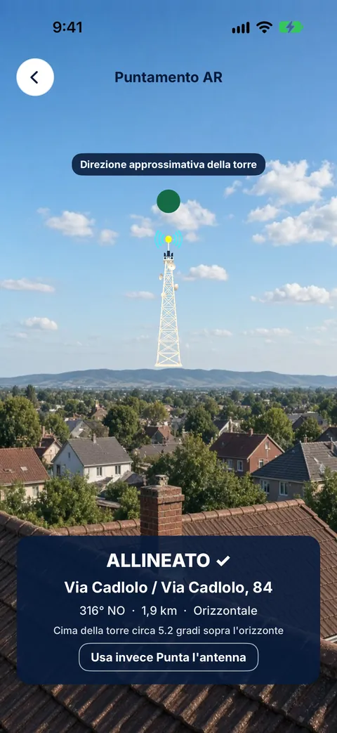 Puntamento AR di Tower Aim, allineato sul trasmettitore Via Cadlolo a 316° NO, a 1,9 km, polarizzazione orizzontale