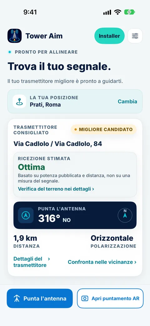 Schermata principale di Tower Aim per Prati, Roma, che consiglia il trasmettitore Via Cadlolo con ricezione stimata ottima, direzione dell’antenna 316° NO, a 1,9 km e polarizzazione orizzontale