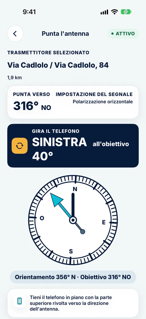 Bussola Punta l’antenna di Tower Aim per il trasmettitore Via Cadlolo, che indica di ruotare il telefono di 40° a sinistra per raggiungere l’obiettivo di 316° NO, con polarizzazione orizzontale