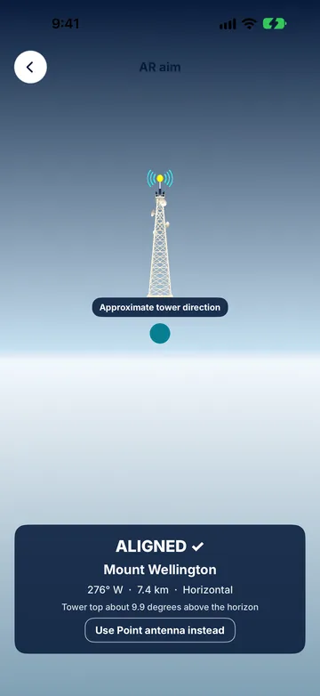 Tower Aim augmented-reality view confirming alignment with the Mount Wellington tower