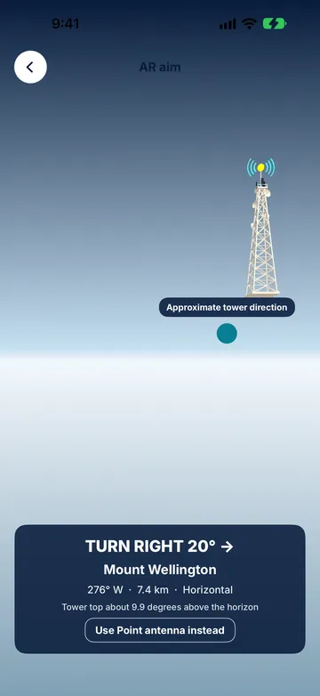 Tower Aim augmented-reality view indicating to turn right 20° toward the Mount Wellington tower