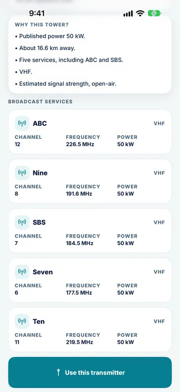 Tower Aim listing the Gore Hill broadcast services with channels, frequencies and transmitter power