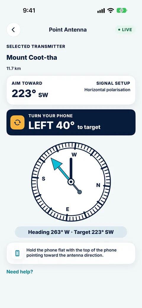 Tower Aim compass telling you to turn the phone 40° left toward the Mount Coot-tha transmitter from Chermside