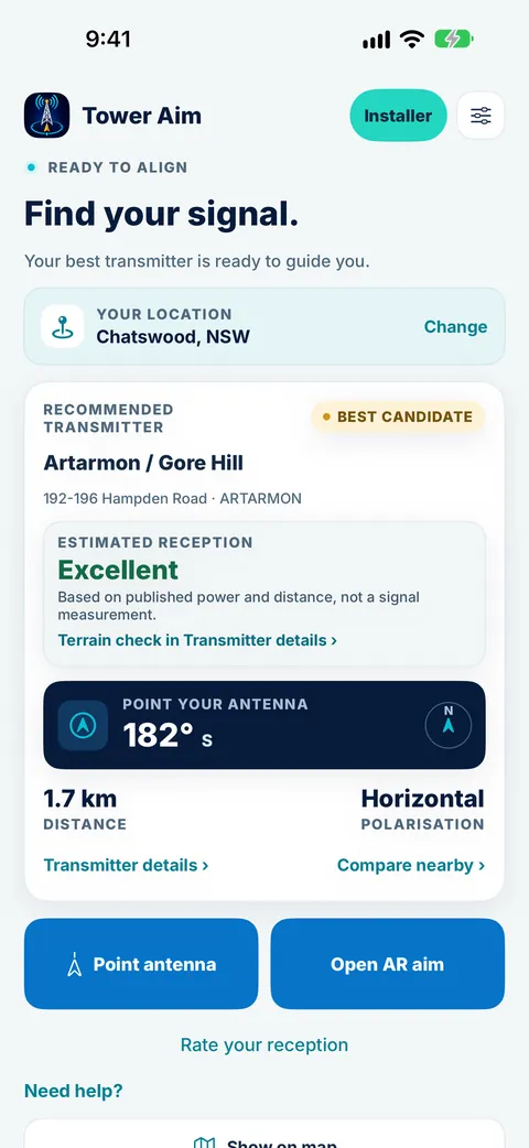 Tower Aim home screen for Chatswood, NSW, showing the recommended Artarmon / Gore Hill transmitter, estimated reception, antenna bearing and polarisation