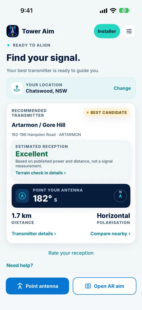 Tower Aim home screen for Chatswood, NSW, showing the recommended Artarmon / Gore Hill transmitter, estimated reception, antenna bearing and polarisation